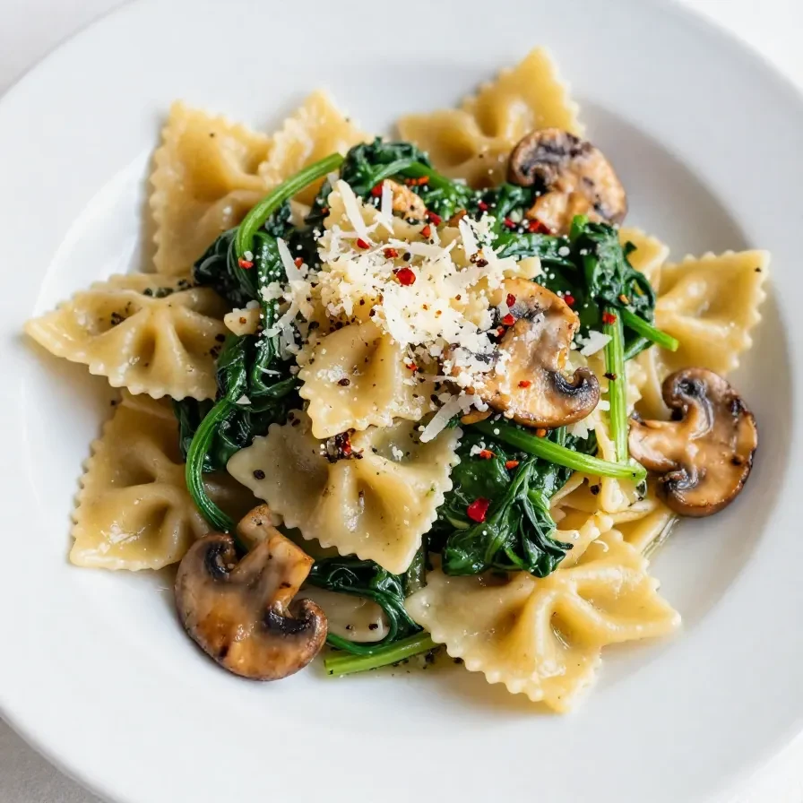 A bowl of creamy Parmesan spinach mushroom pasta garnished with fresh parsley.
