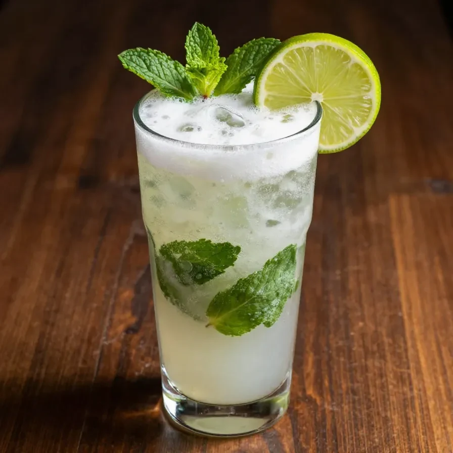 A refreshing creamy coconut lime mojito served in a glass with mint leaves and lime slices.