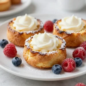 Close-up of French toast cups served on a white plate with fresh berries and syrup.