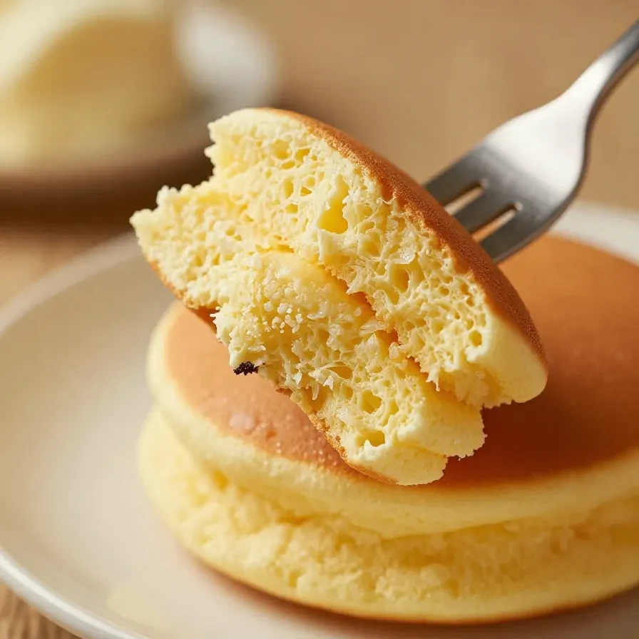 Close-up of fluffy Japanese souffle pancakes stacked on a plate with powdered sugar sprinkled on top.