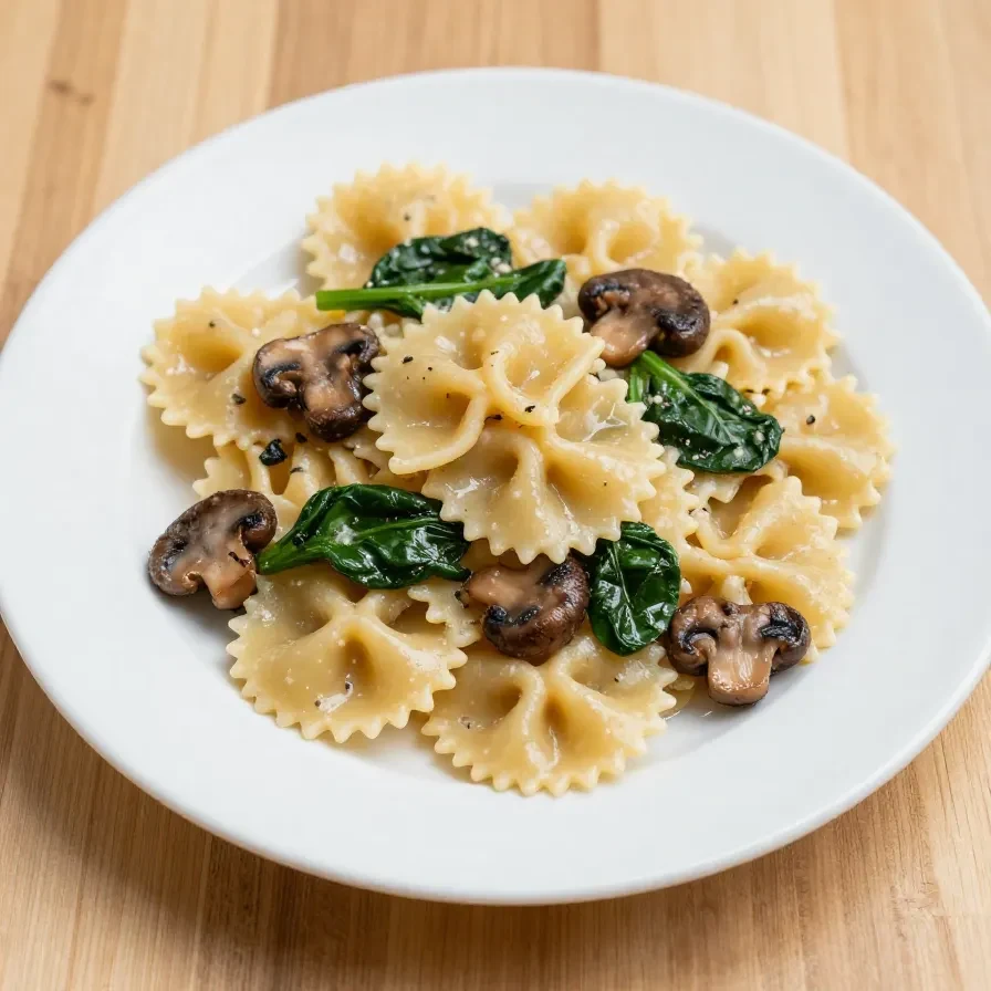 A bowl of creamy Parmesan spinach mushroom pasta garnished with fresh parsley.