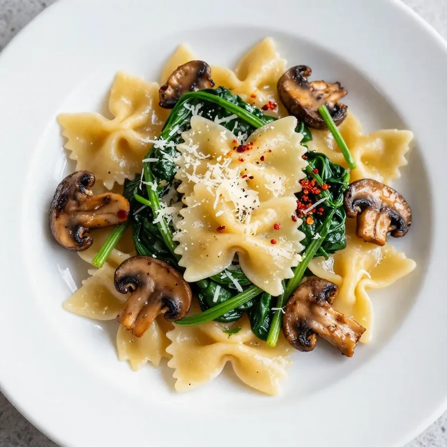 A bowl of creamy Parmesan spinach mushroom pasta garnished with fresh parsley.