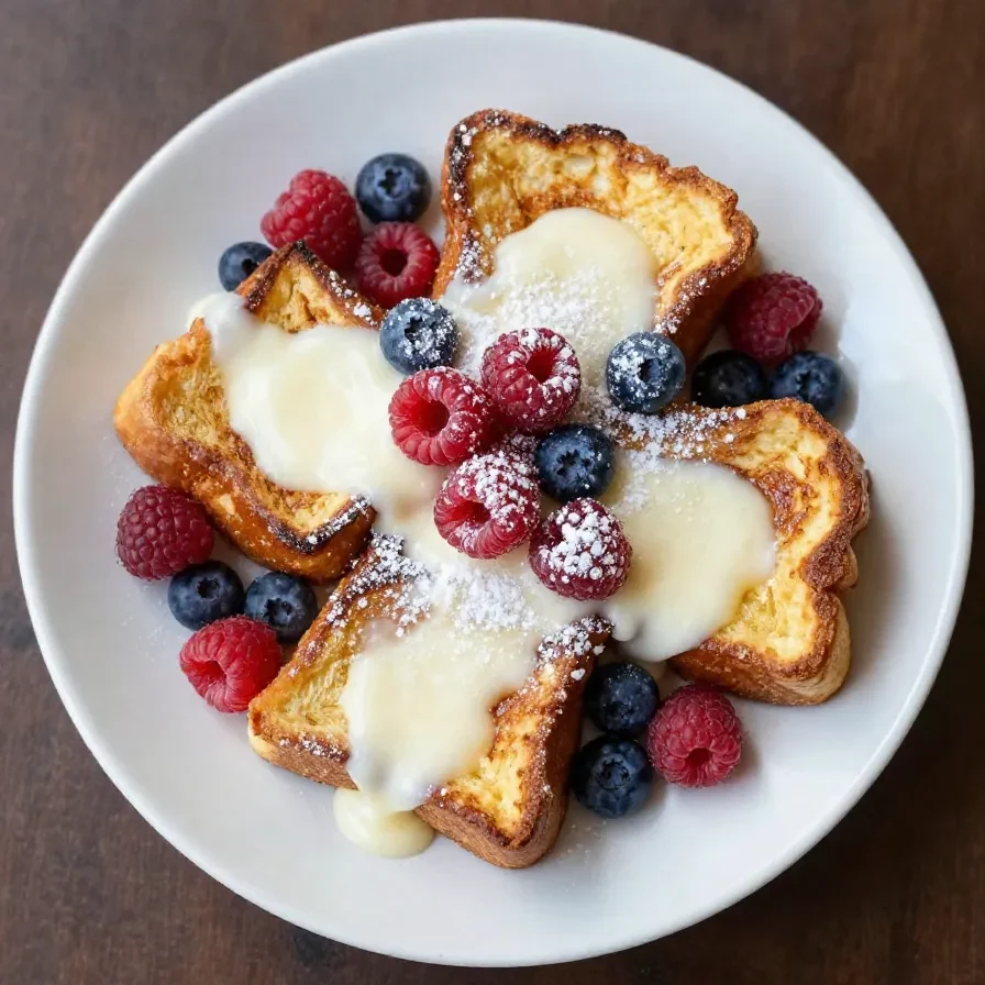 Close-up of French toast cups served on a white plate with fresh berries and syrup.
