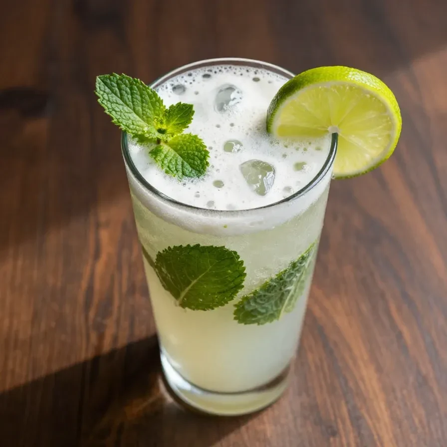 A refreshing creamy coconut lime mojito served in a glass with mint leaves and lime slices.