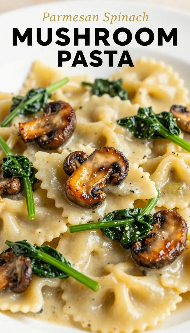 A bowl of creamy Parmesan spinach mushroom pasta garnished with fresh parsley.
