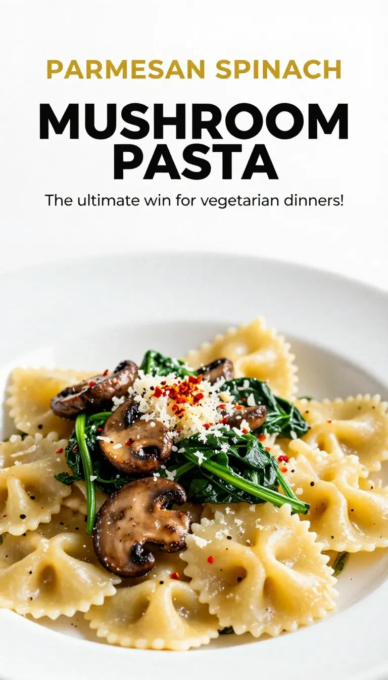A bowl of creamy Parmesan spinach mushroom pasta garnished with fresh parsley.