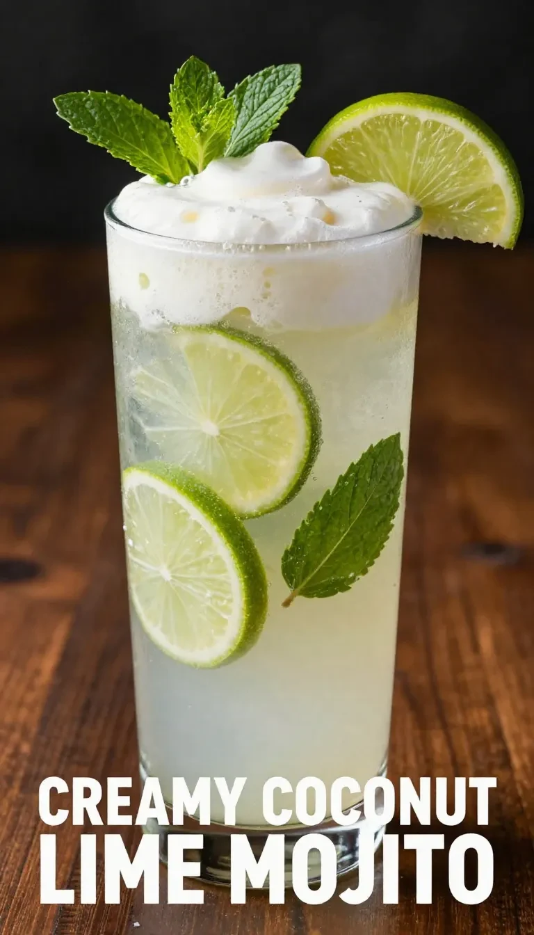 A refreshing creamy coconut lime mojito served in a glass with mint leaves and lime slices.