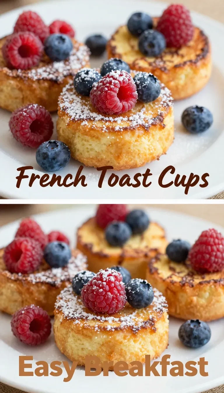 Close-up of French toast cups served on a white plate with fresh berries and syrup.