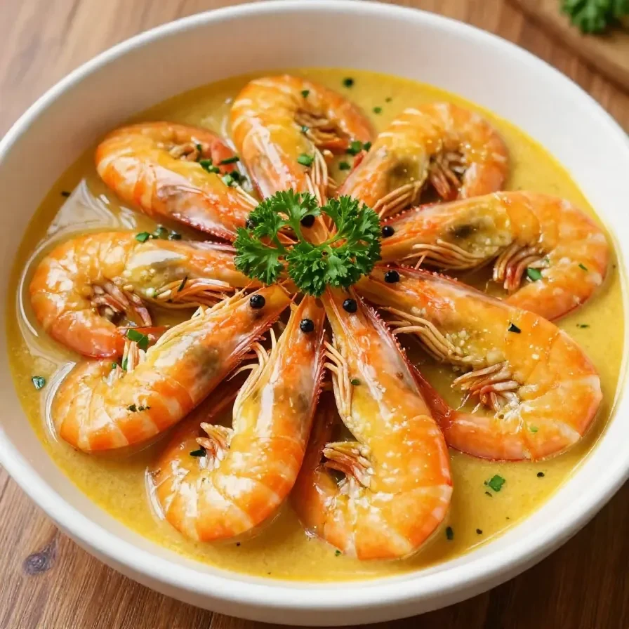 A plate of creamy garlic shrimp garnished with fresh parsley.