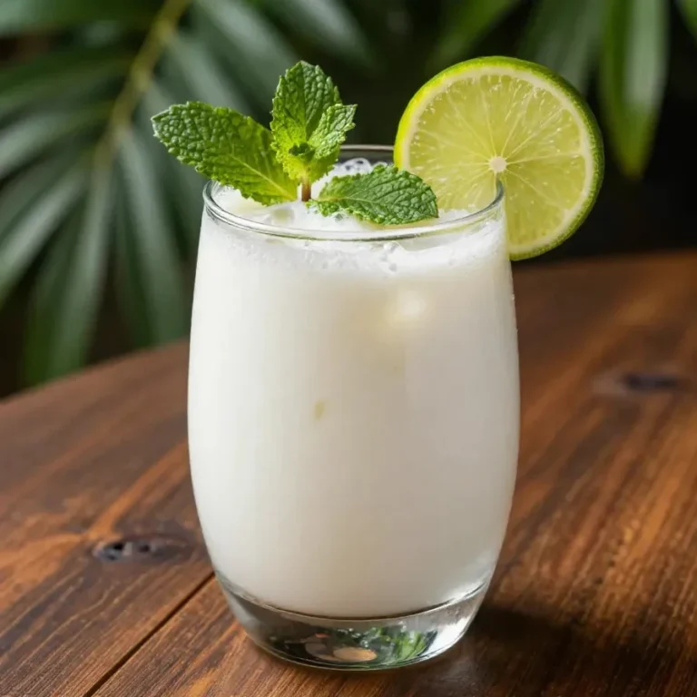 A refreshing creamy coconut lime mojito served in a glass with fresh mint leaves and lime slices.