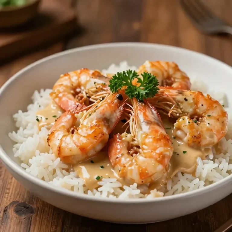 A plate of creamy garlic shrimp garnished with fresh parsley.
