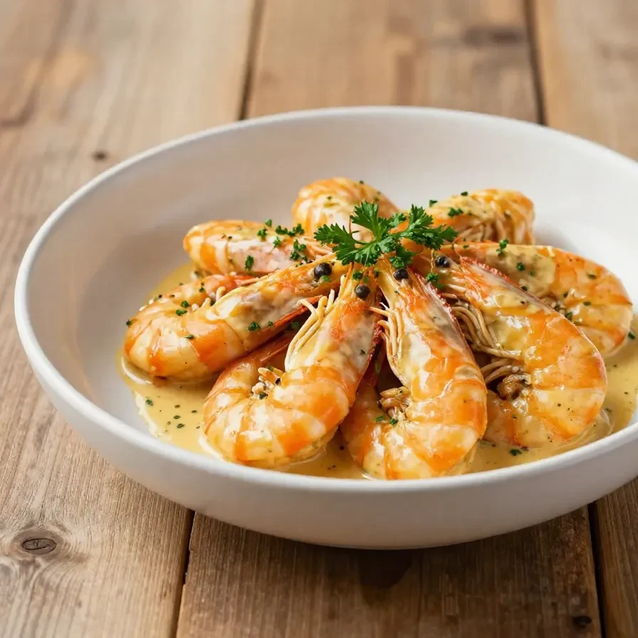 A plate of creamy garlic shrimp garnished with fresh parsley.