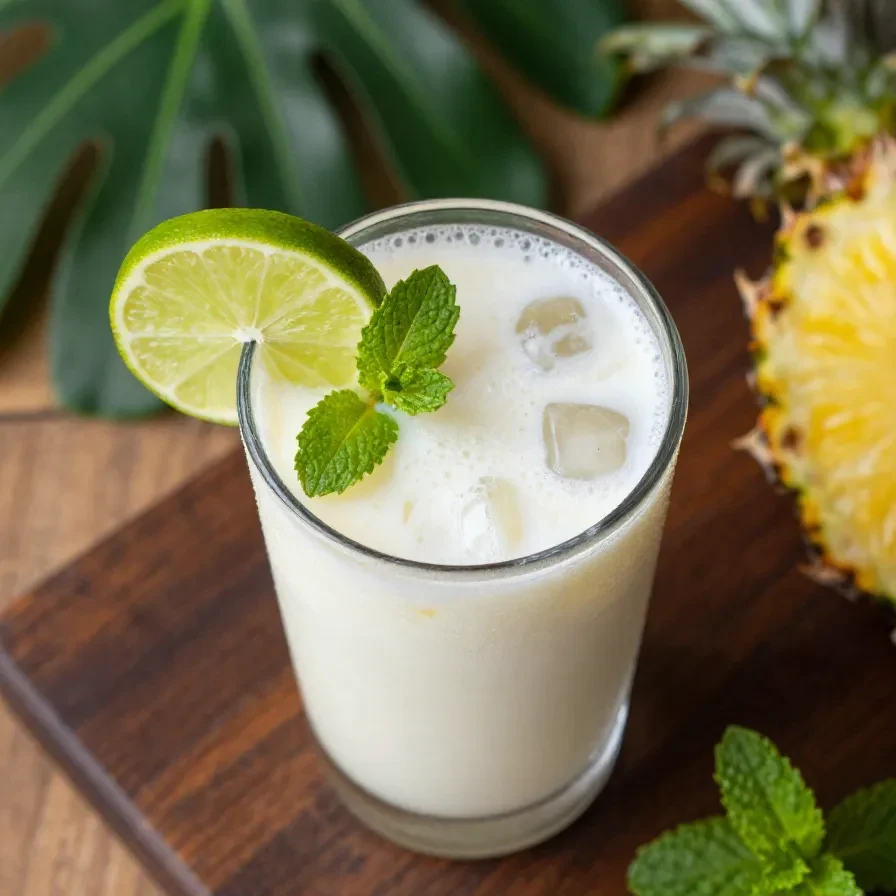 A refreshing creamy coconut lime mojito served in a glass with fresh mint leaves and lime slices.