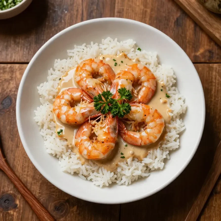 A plate of creamy garlic shrimp garnished with fresh parsley.
