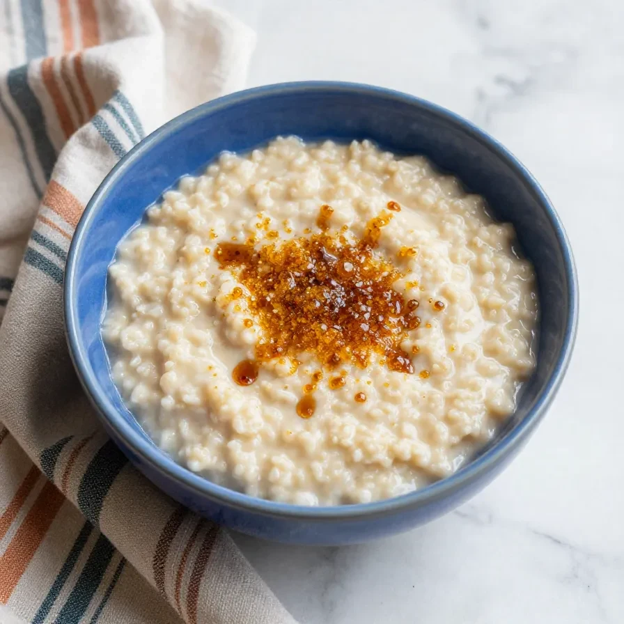 A bowl of creamy Rømmegrøt, a traditional Norwegian sour cream porridge, served with butter, sugar, and cinnamon.