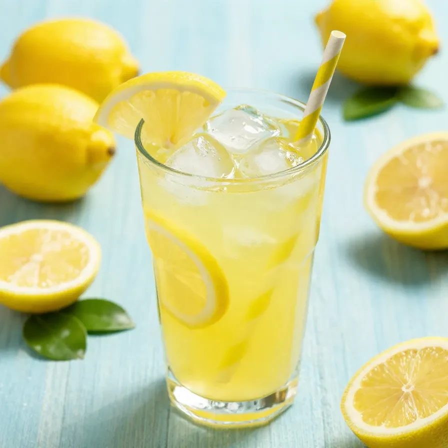 A glass of homemade Chick-fil-A style lemonade with fresh lemon slices and ice cubes on a wooden table.