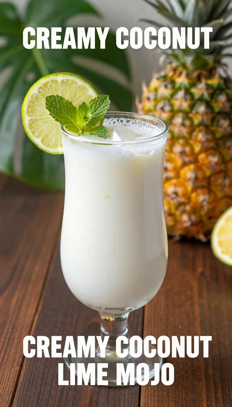 A refreshing creamy coconut lime mojito served in a glass with fresh mint leaves and lime slices.