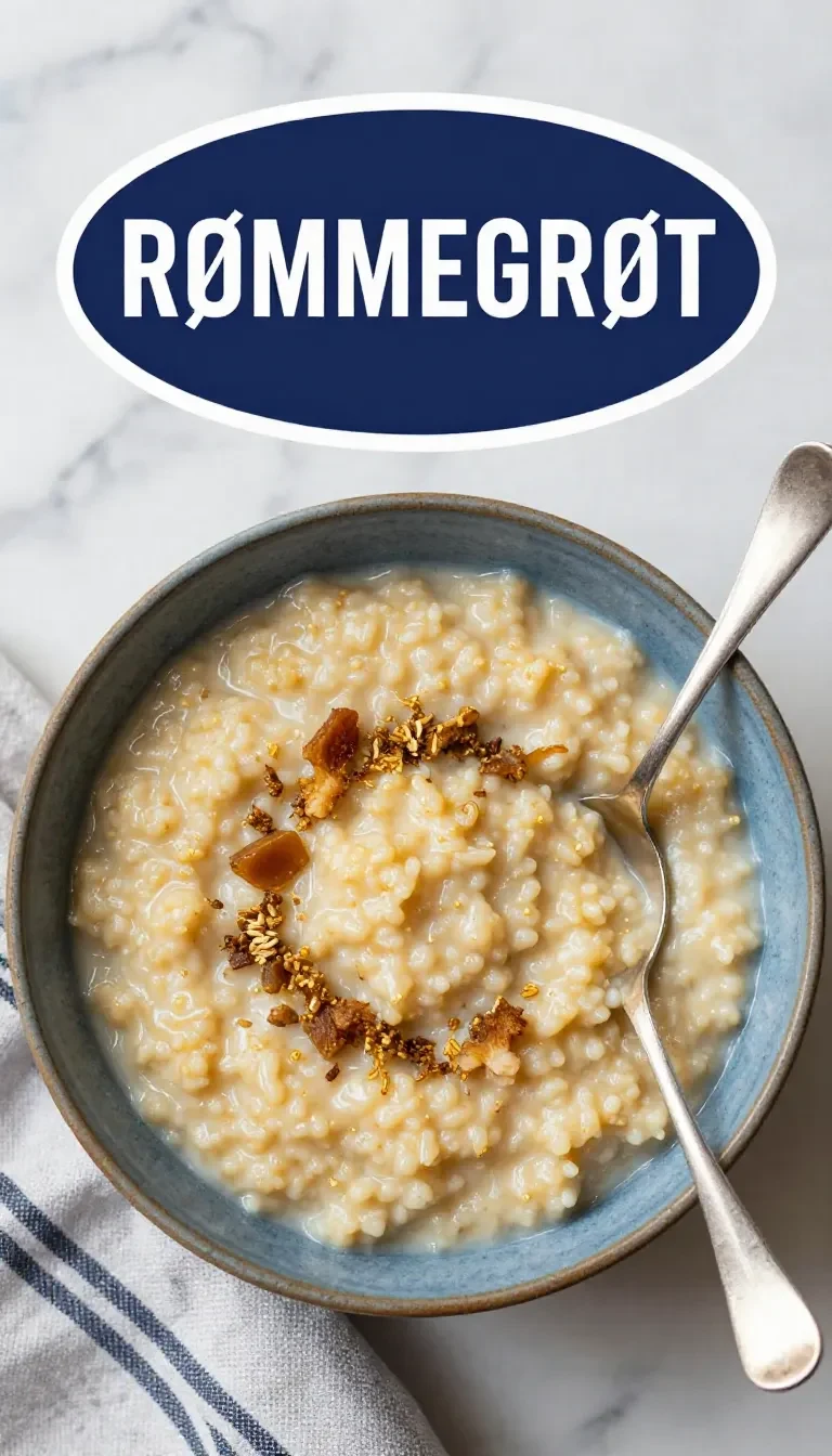 A bowl of creamy Rømmegrøt, a traditional Norwegian sour cream porridge, served with butter, sugar, and cinnamon.