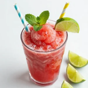 A refreshing watermelon slushie served in a clear glass with a mint garnish.