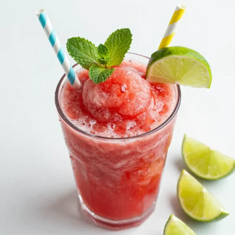 A refreshing watermelon slushie served in a clear glass with a mint garnish.