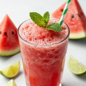 A refreshing glass of watermelon slushie topped with mint leaves on a wooden table.
