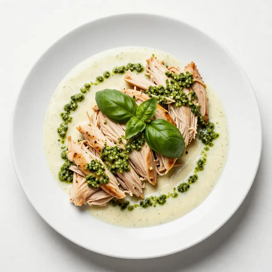 A bowl of healthy pesto chicken salad made with rotisserie chicken, garnished with fresh basil leaves.