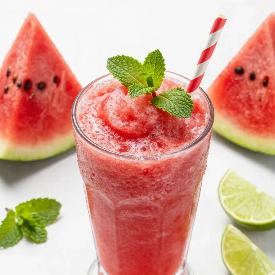 A refreshing watermelon slushie served in a clear glass with a mint garnish.