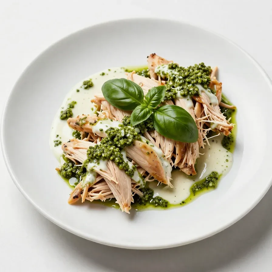 A bowl of healthy pesto chicken salad made with rotisserie chicken, garnished with fresh basil leaves.