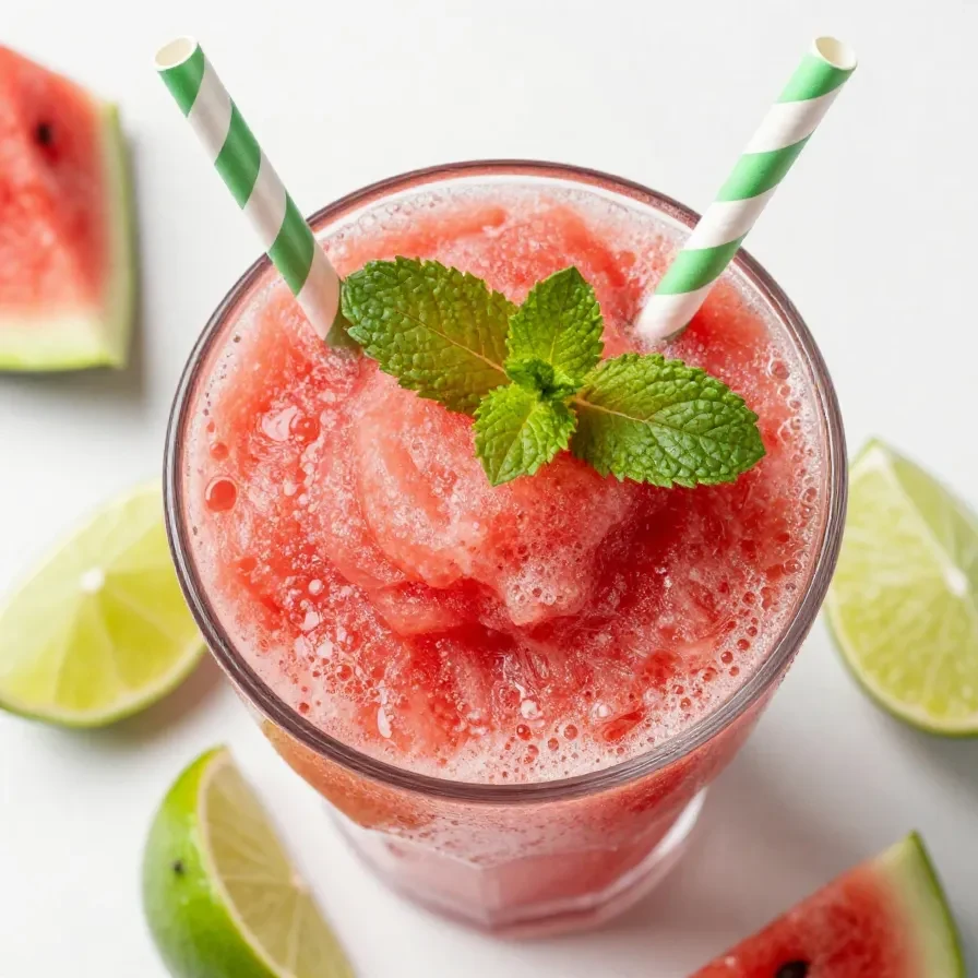 A refreshing glass of watermelon slushie topped with mint leaves on a wooden table.