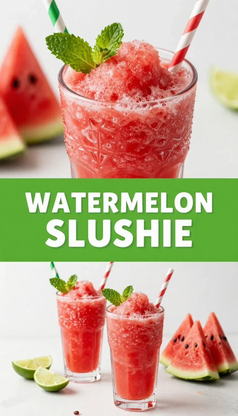 A refreshing glass of watermelon slushie topped with mint leaves on a wooden table.