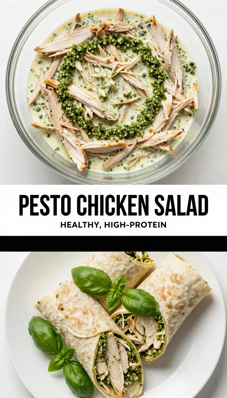 A bowl of healthy pesto chicken salad made with rotisserie chicken, garnished with fresh basil leaves.