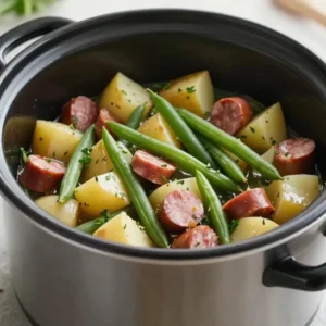 A close-up of swamp potatoes cooked in a crock pot, garnished with herbs.