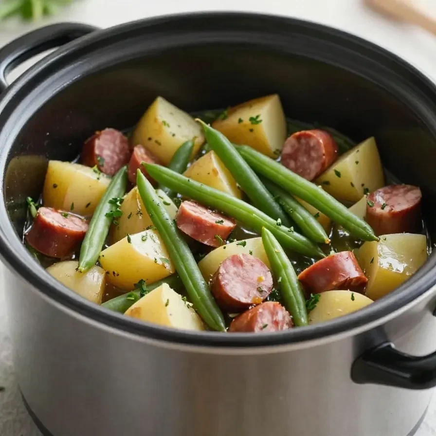 A close-up of swamp potatoes cooked in a crock pot, garnished with herbs.