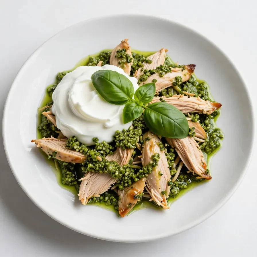 A bowl of healthy pesto chicken salad made with rotisserie chicken, garnished with fresh basil leaves.