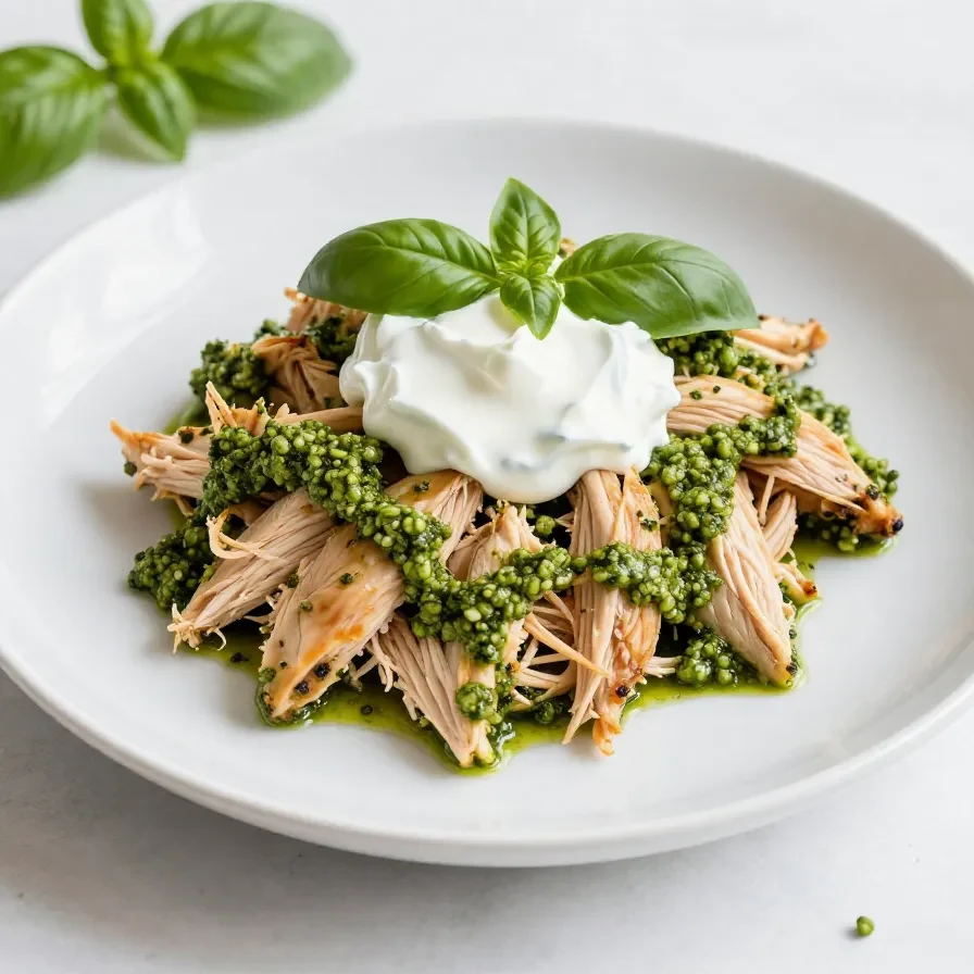 A bowl of healthy pesto chicken salad made with rotisserie chicken, garnished with fresh basil leaves.