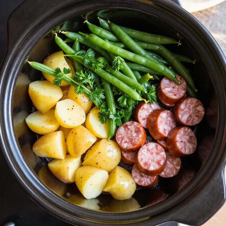 A close-up of swamp potatoes cooked in a crock pot, garnished with herbs.