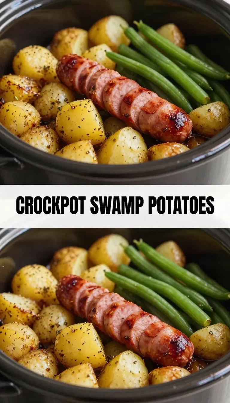 A close-up of swamp potatoes cooked in a crock pot, garnished with herbs.