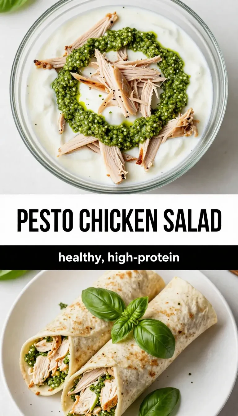 A bowl of healthy pesto chicken salad made with rotisserie chicken, garnished with fresh basil leaves.