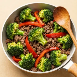 A plate of cooked ground beef paired with steamed broccoli florets.