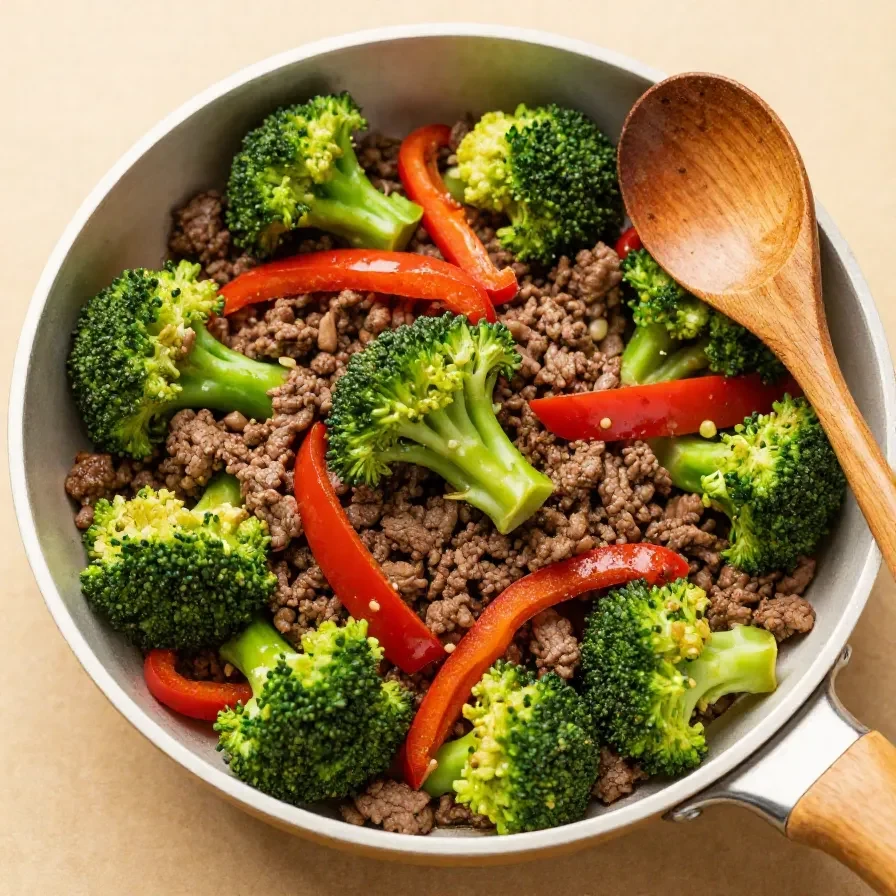 A plate of cooked ground beef paired with steamed broccoli florets.