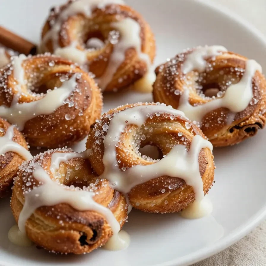 Golden-brown baked cinnamon twists made with crescent rolls on a wooden plate.