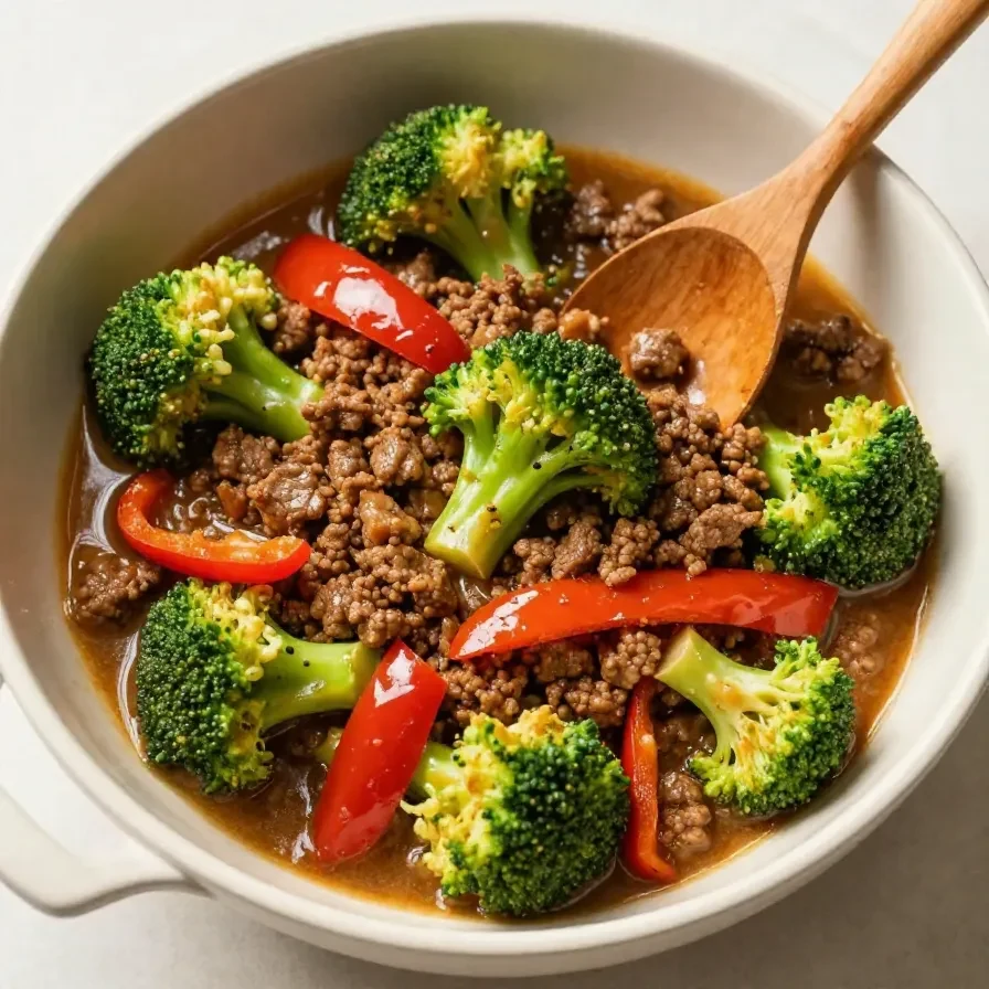 A close-up of a skillet filled with ground beef and broccoli, cooked and seasoned.