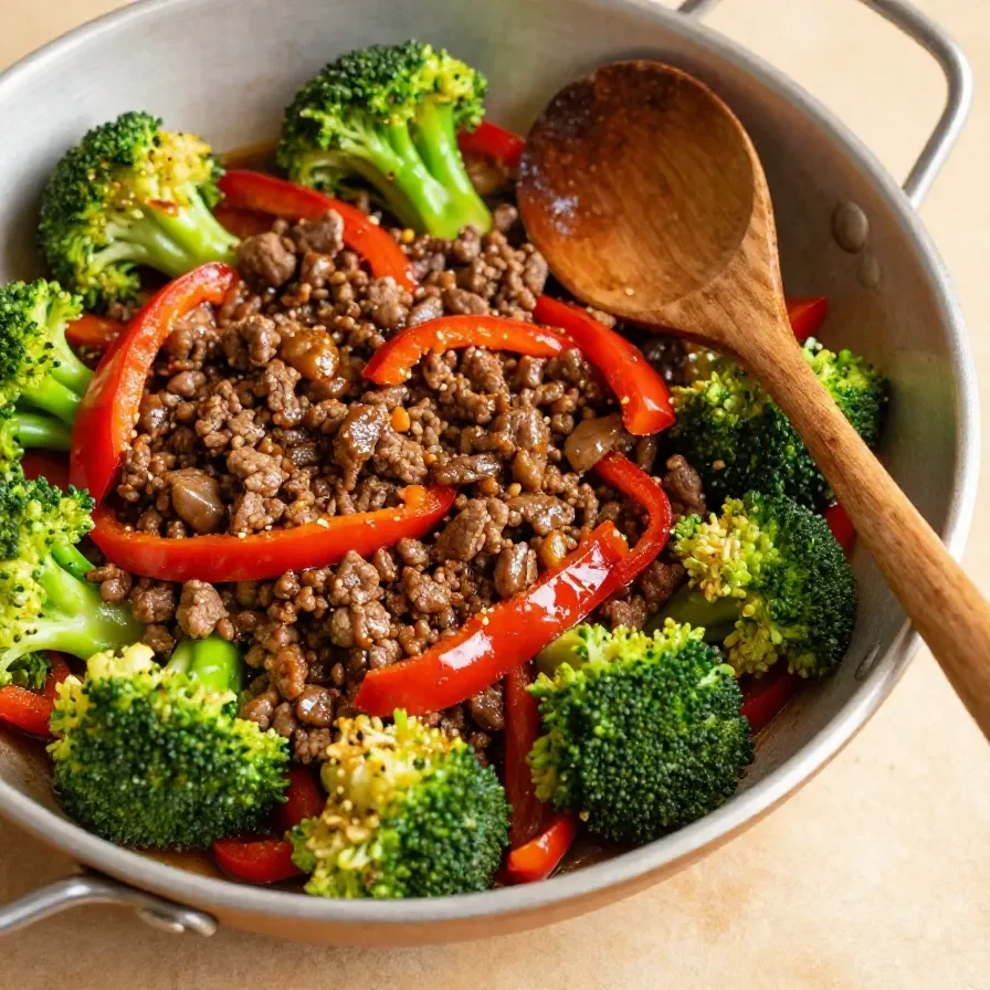A plate of cooked ground beef paired with steamed broccoli florets.