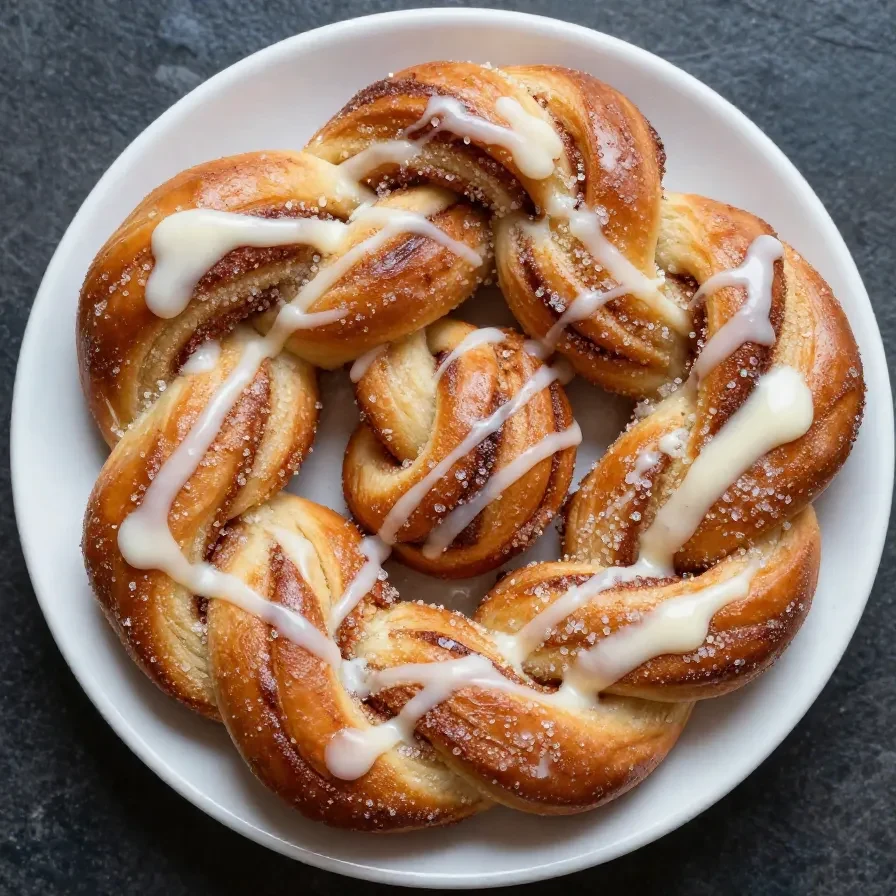 Golden-brown baked cinnamon twists made with crescent rolls on a wooden plate.