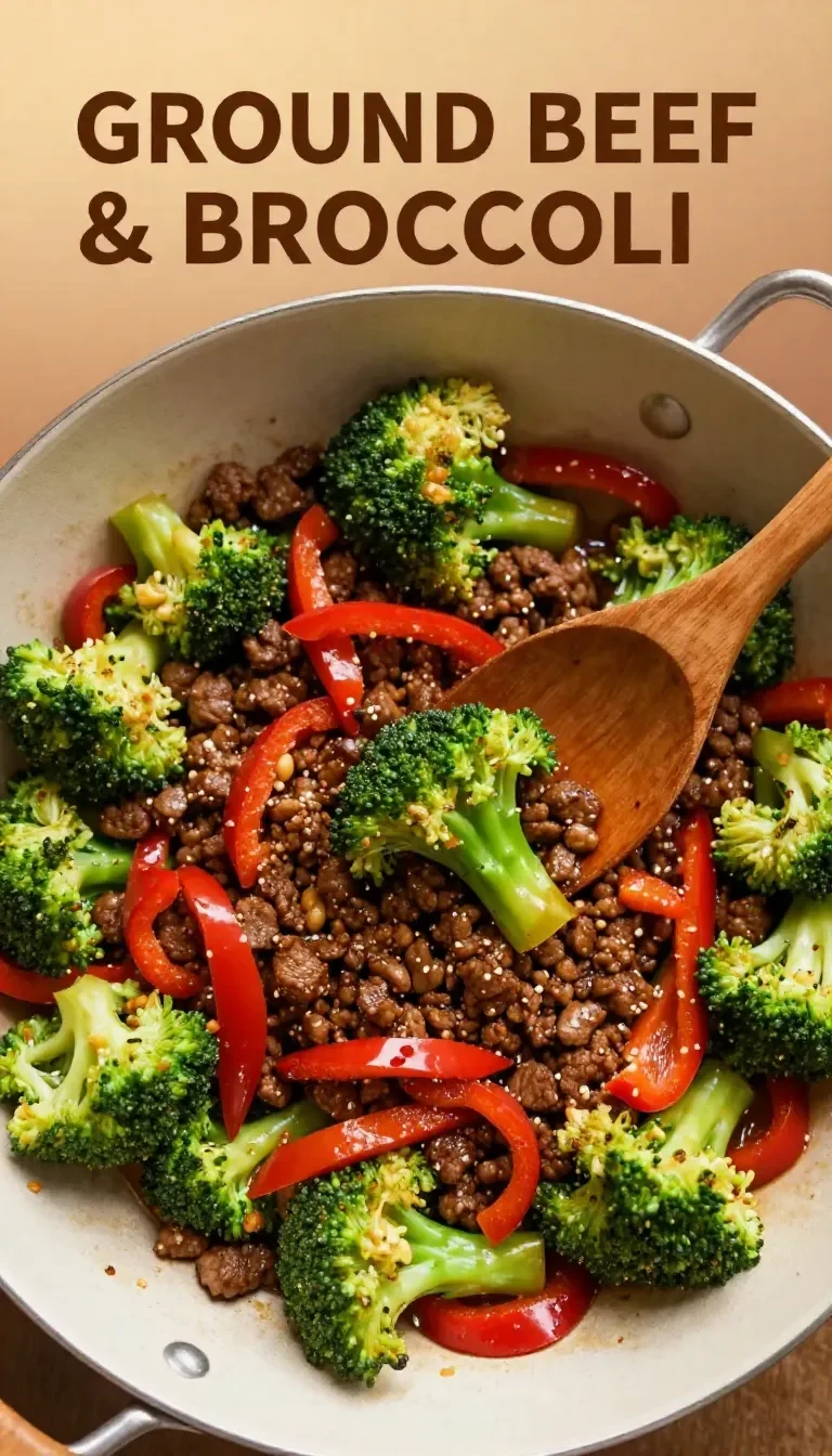 A close-up of a skillet filled with ground beef and broccoli, cooked and seasoned.