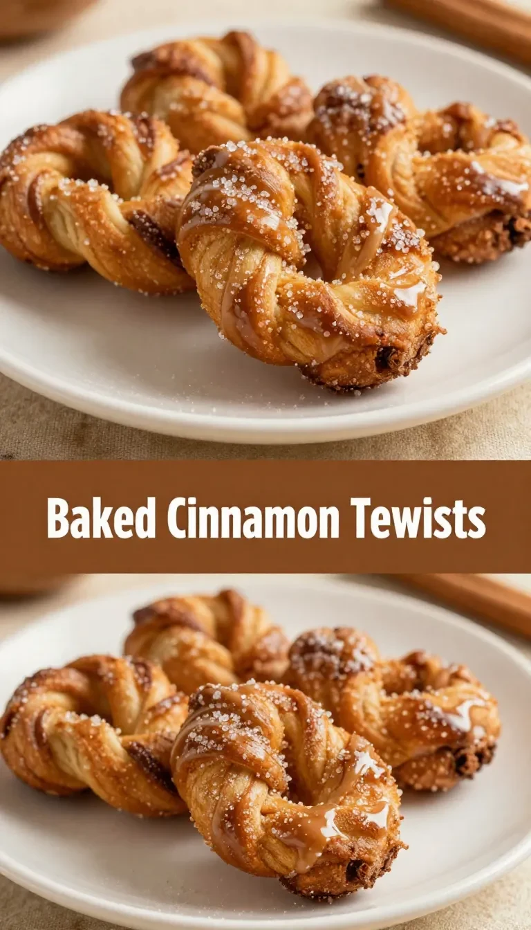 Golden-brown baked cinnamon twists made with crescent rolls on a wooden plate.