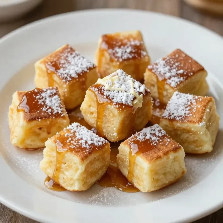 A plate of scrambled pancakes topped with fresh berries and powdered sugar.