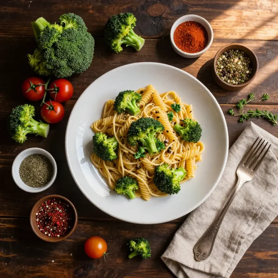 A bowl of creamy one-pot broccoli pasta served on a wooden table.
