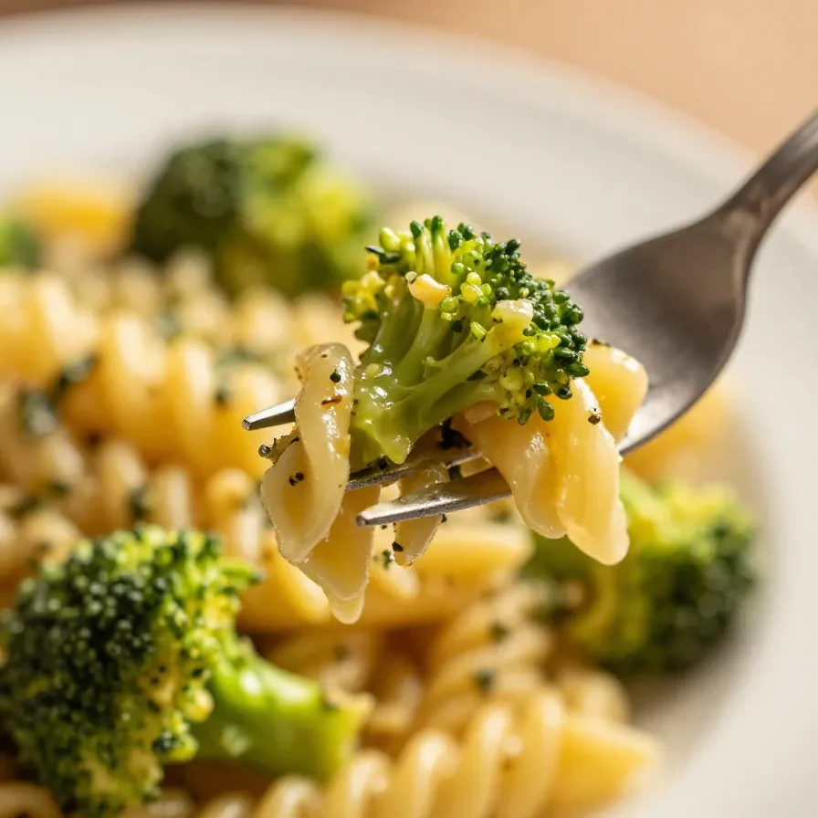 A bowl of creamy one-pot broccoli pasta served on a wooden table.