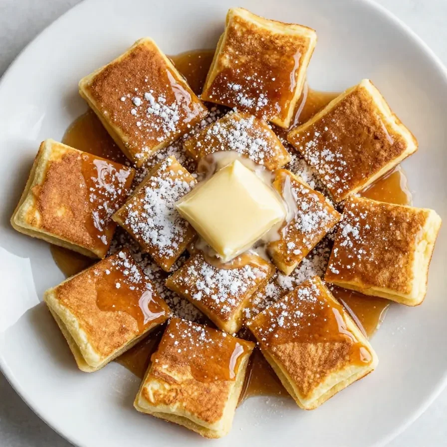 A plate of scrambled pancakes topped with fresh berries and powdered sugar.